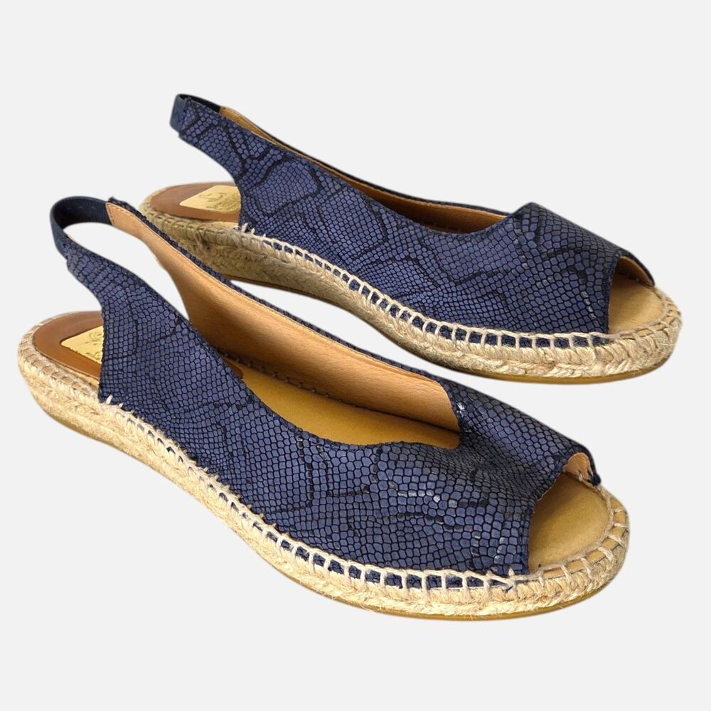 Kanna Spain Navy Snake Peep Toe Low Heel Espadrilles Slings EU 39 Quiet Luxury